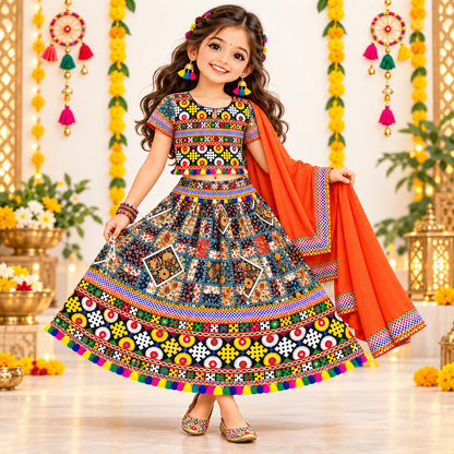 Girls Multicolor Patchwork Pure Cotton Lehenga Choli Set with Orange Dupatta