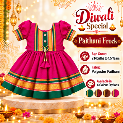 Girls Rani Pink Royal Paithani Frock with Golden Border & Tassel Design | Baby Girls Ethnic Festive Dress