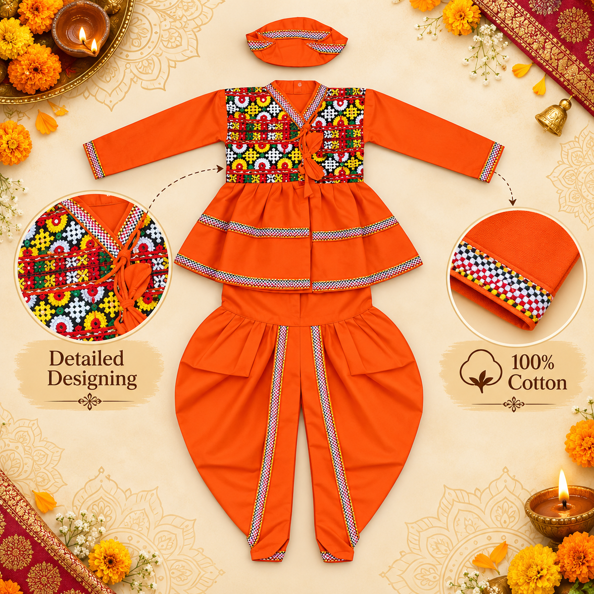 Premium Boys Traditional Orange Kedia Style Embroidered Dhoti Set with Matching Cap – 100% Cotton