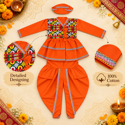 Premium Boys Traditional Orange Kedia Style Embroidered Dhoti Set with Matching Cap – 100% Cotton