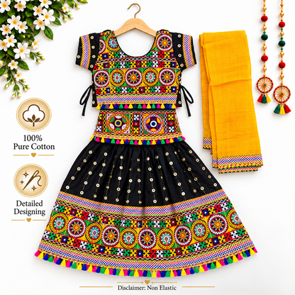 Girls Black Traditional Lehenga Choli Set with Yellow Dupatta – 100% Pure Cotton Festive Wear