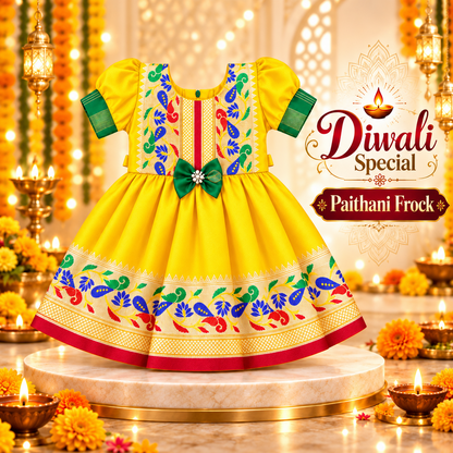 Girls Yellow Paithani Frock Dress | Traditional Indian Ethnic Wear | Diwali & Festive Special