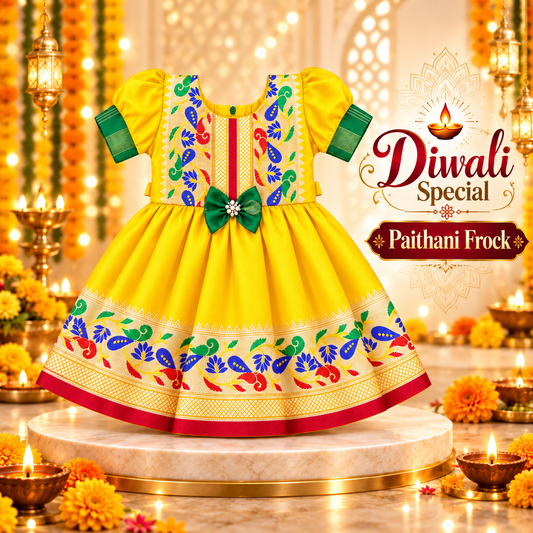 Girls Yellow Paithani Frock Dress | Traditional Indian Ethnic Wear | Diwali & Festive Special