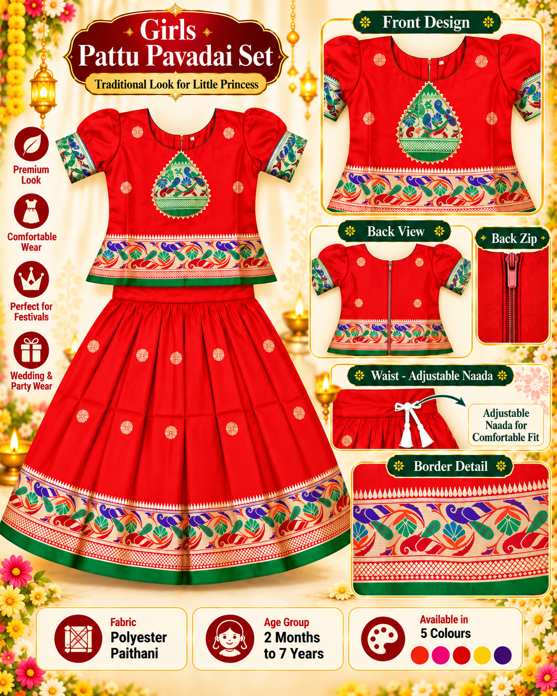 Girls Bright Red Traditional Pattu Pavadai Lehenga Choli Set | Designer Festive & Wedding Dress