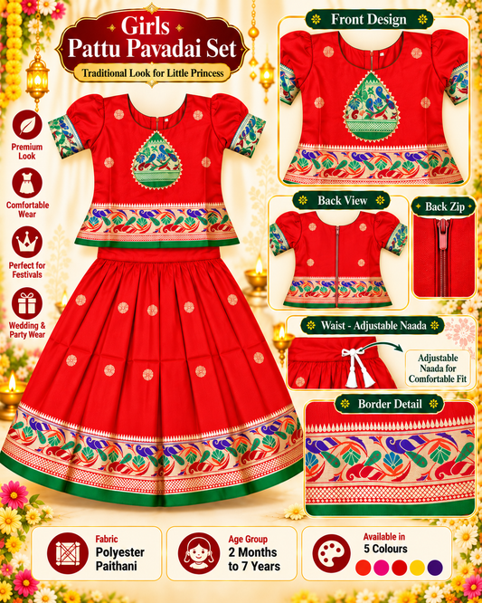 Girls Bright Red Traditional Pattu Pavadai Lehenga Choli Set | Designer Festive & Wedding Dress