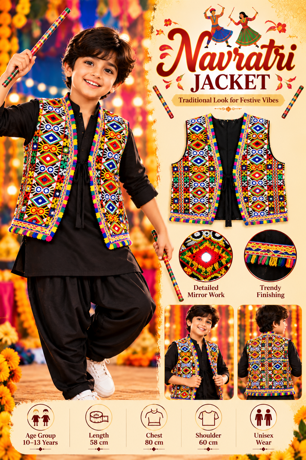 Kids Navratri Kutch Embroidered Jacket | Multicolour Traditional Mirror Work & Tassel Jacket | Free Size