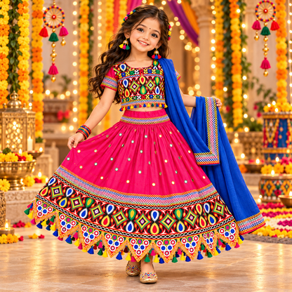 Girls Pink Multicolor Pure Cotton Mirror Work Lehenga Choli Set with Blue Dupatta