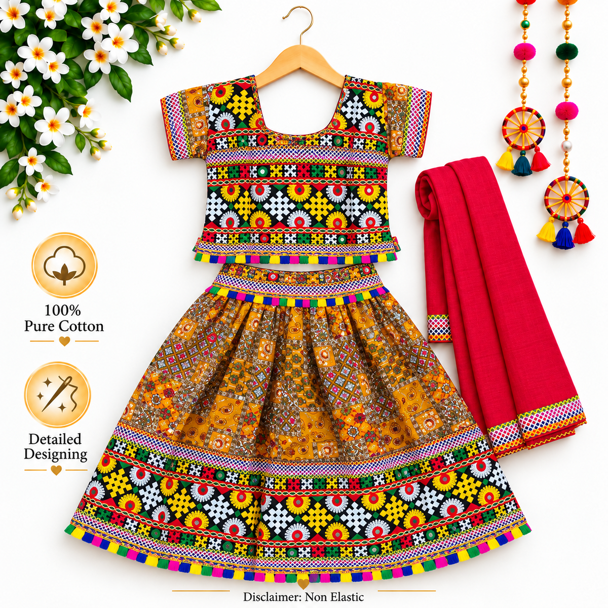Girls Mustard Orange Multicolor Pure Cotton Patchwork Lehenga Choli Set with Red Dupatta