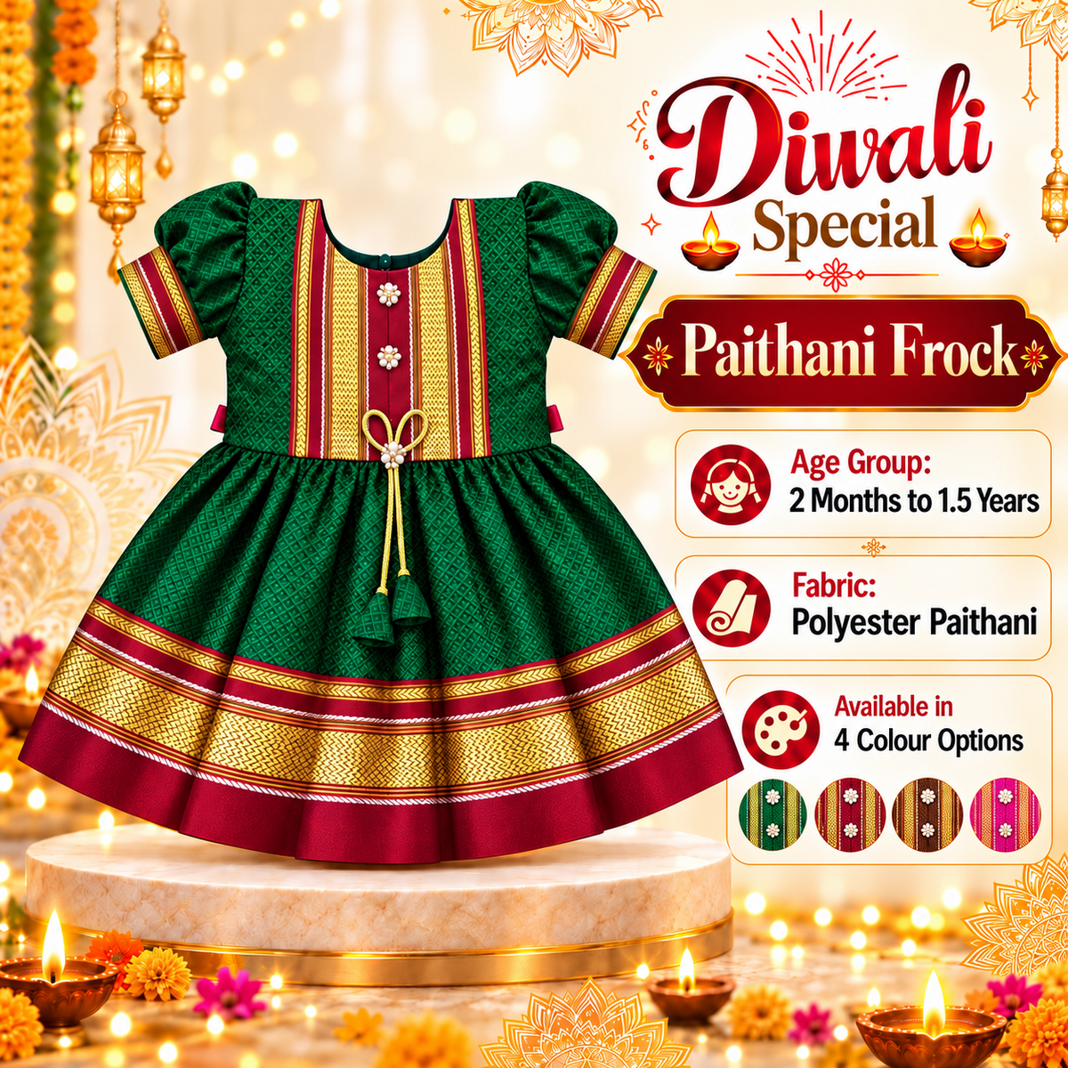 Girls Bottle Green Royal Paithani Frock with Golden Border & Tassels | Baby Girls Festive Wear