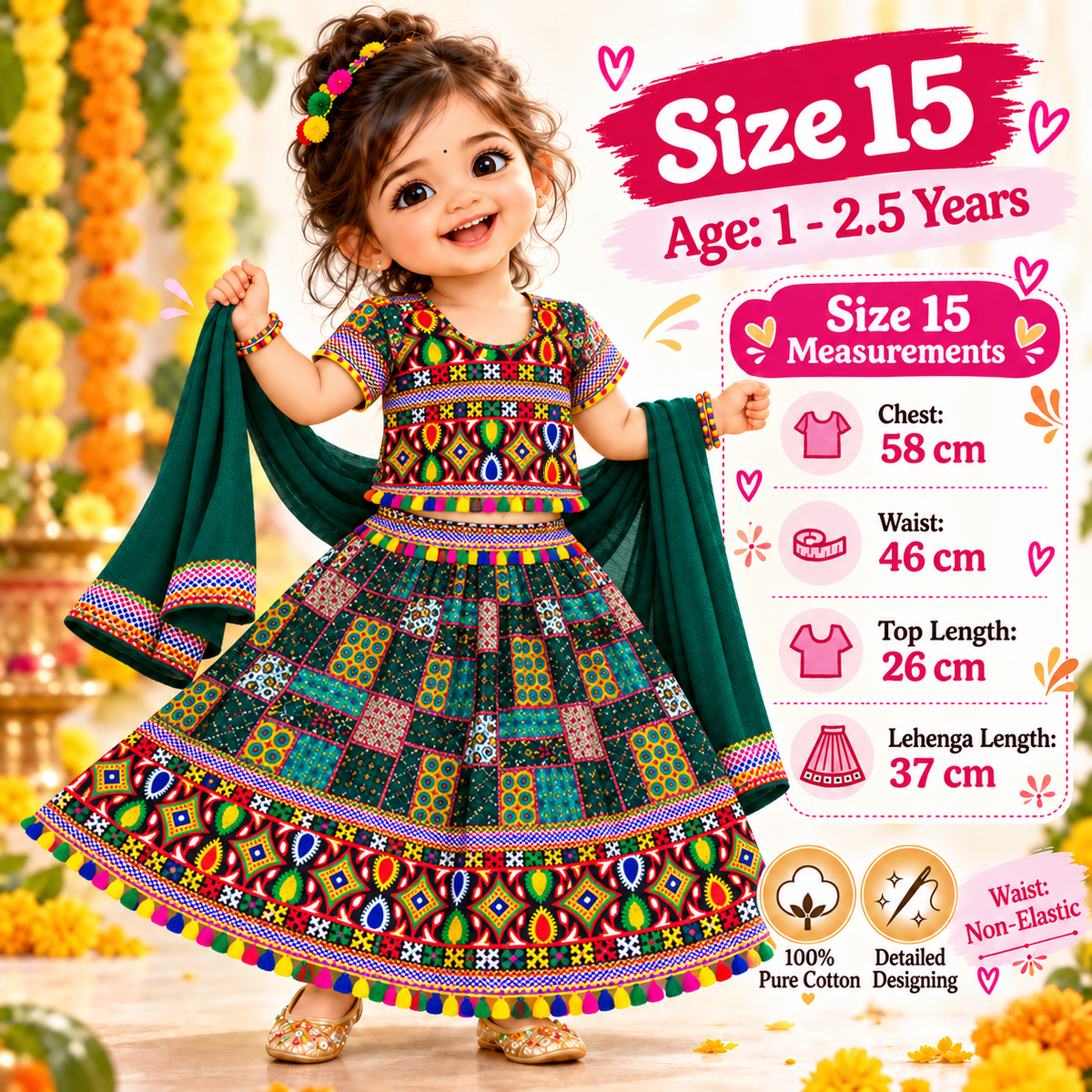 Girls Dark Green Multicolor Pure Cotton Patchwork Lehenga Choli Set with Green Dupatta