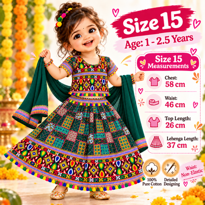 Girls Dark Green Multicolor Pure Cotton Patchwork Lehenga Choli Set with Green Dupatta