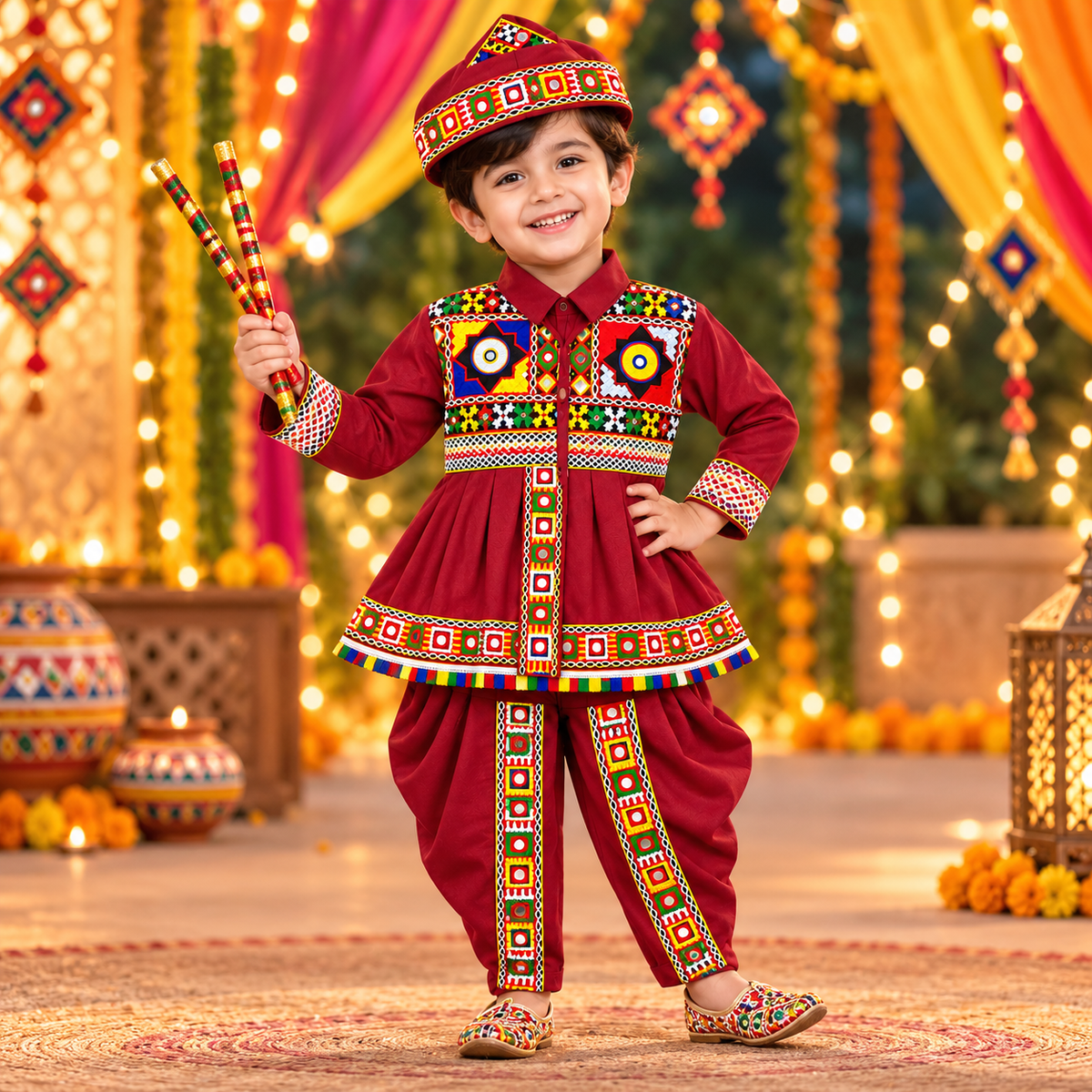 Premium Boys Traditional Maroon Kutchi Embroidered Dhoti Kurta Set with Cap – 100% Cotton