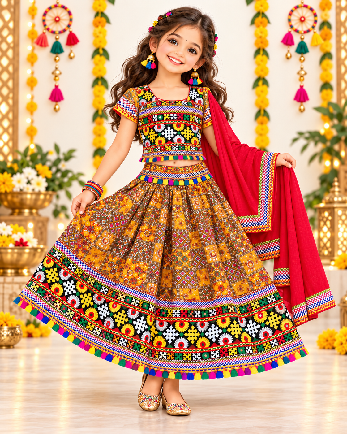 Girls Mustard Orange Multicolor Pure Cotton Patchwork Lehenga Choli Set with Red Dupatta