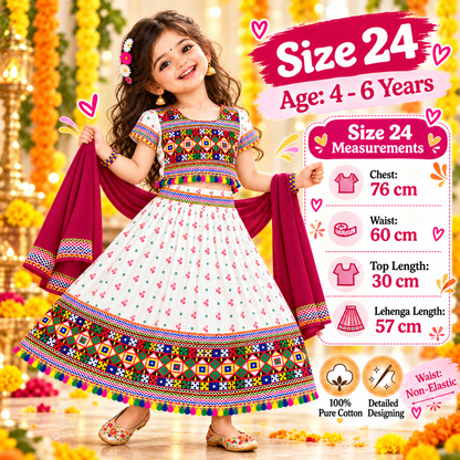 Girls White Pure Cotton Ghagra Choli Set with Maroon Dupatta – Traditional Navratri Lehenga