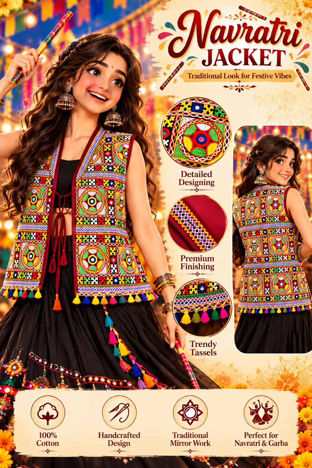 Traditional Navratri Gujarati Kutch Embroidered Jacket | Multicolour Mirror Work | Free Size (16 Years & Above)