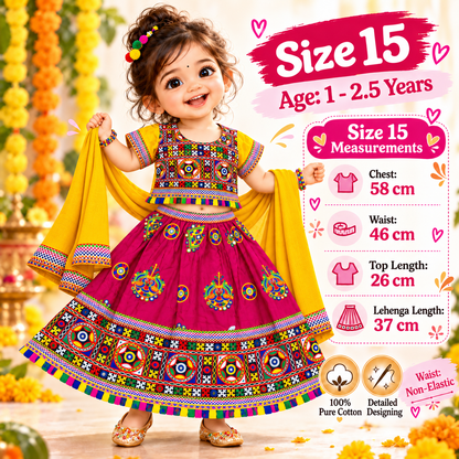 Premium Girls Rani Pink  Pure Cotton Garba Lehenga Choli Set with Yellow Dupatta