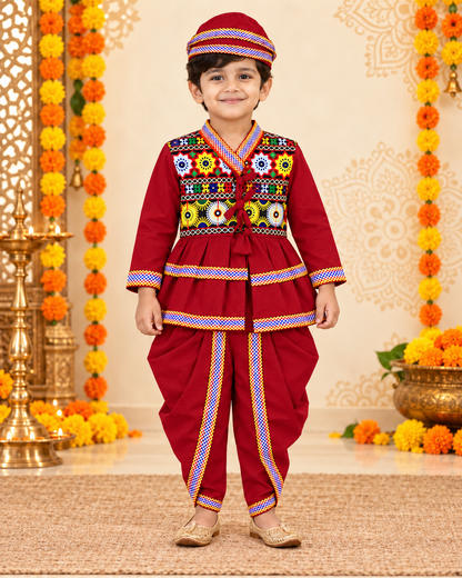 Boys Layered Peplum Maroon Embroidered Dhoti Set with Matching Cap – 100% Cotton
