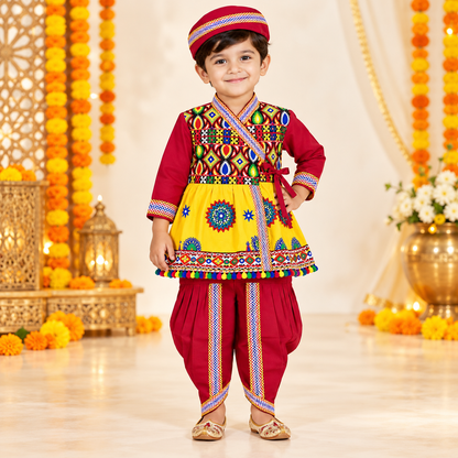 Boys Festive Maroon Embroidered Jacket & Dhoti Set with Matching Cap – 100% Cotton