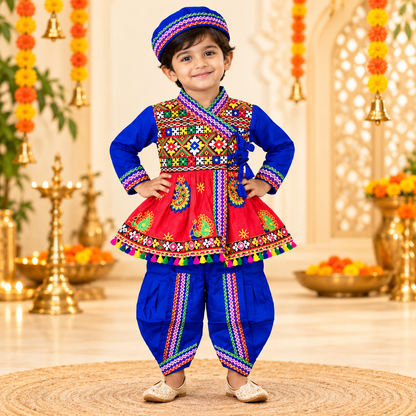 Boys Traditional Blue Angrakha Style Embroidered Dhoti Set with Cap – 100% Cotton