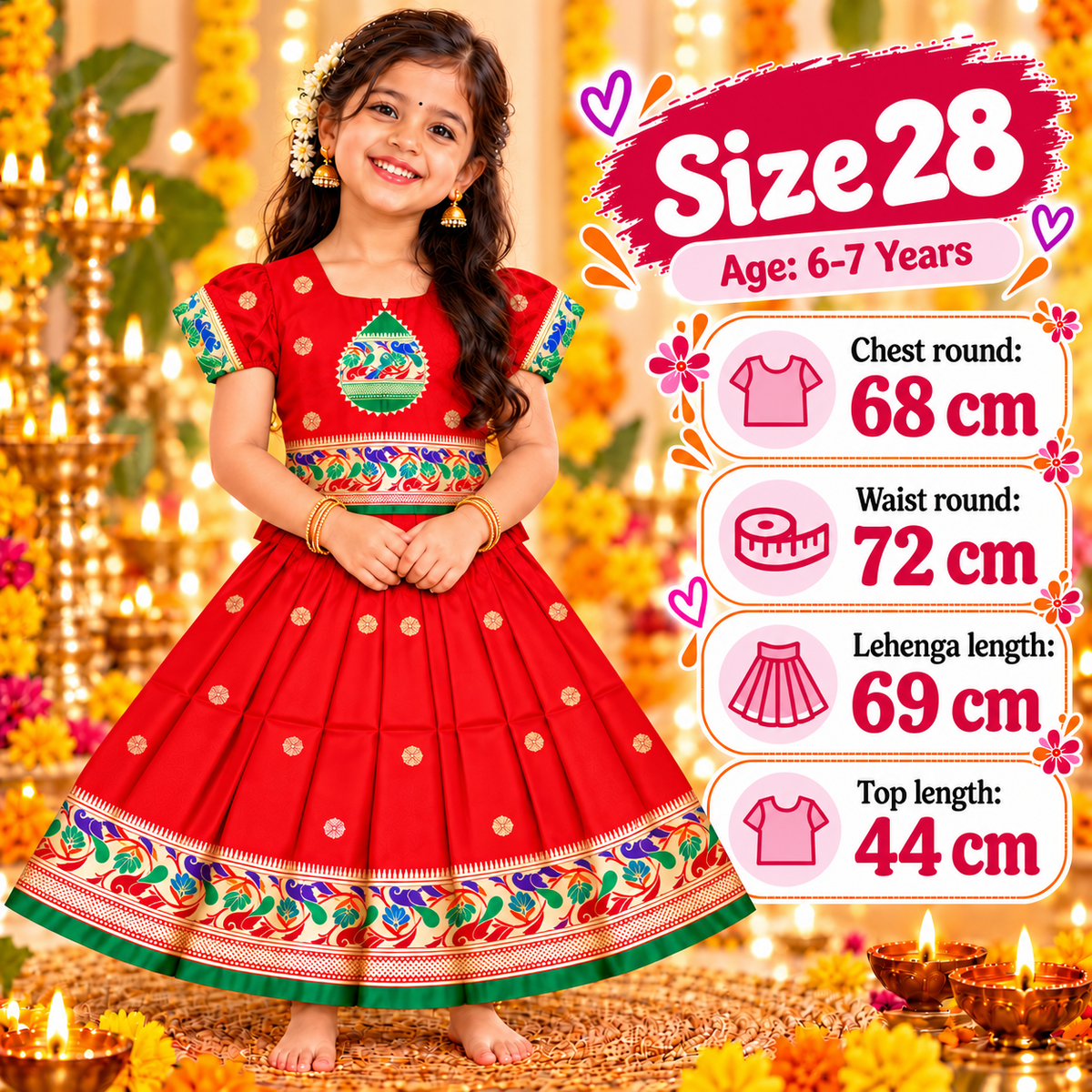 Girls Bright Red Traditional Pattu Pavadai Lehenga Choli Set | Designer Festive & Wedding Dress