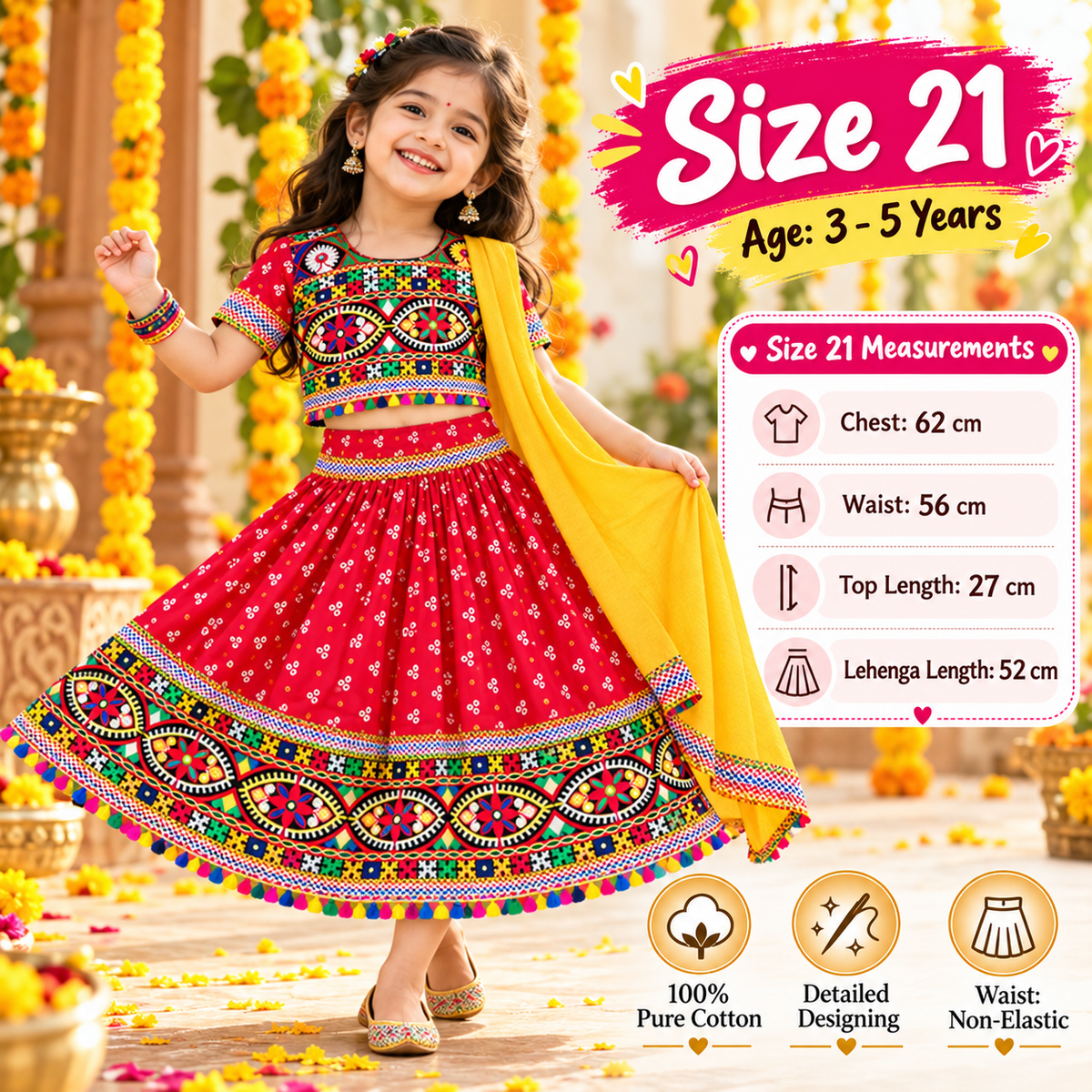 Girls Red Pure Cotton Ghagra Choli Set with Yellow Dupatta – Traditional Navratri Lehenga