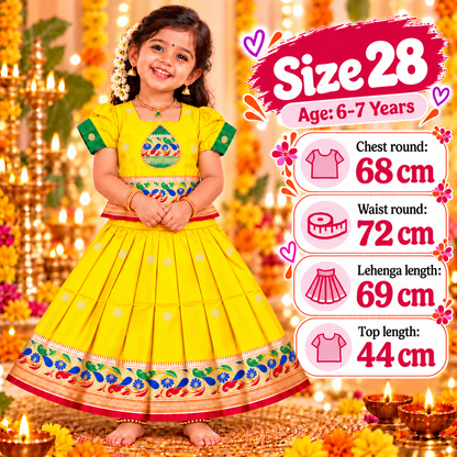 Girls Sunshine Yellow Pattu Pavadai Ethnic Skirt Set | Colourful Peacock Border Festive Dress