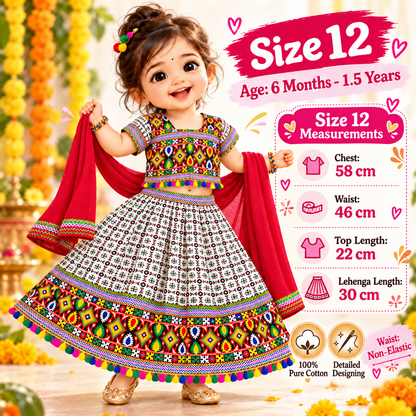 Girls White Multicolor Pure Cotton Garba Lehenga Choli Set with Red Dupatta