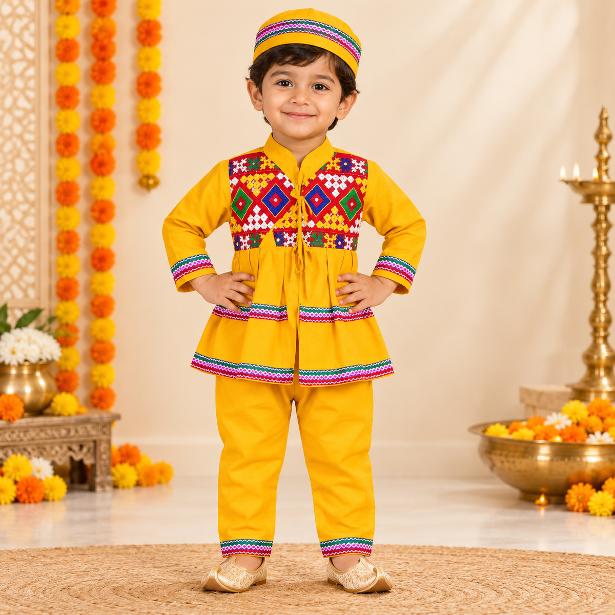 Boys Traditional Yellow Kutchi Embroidered Kurta Pant Set with Cap – 100% Cotton
