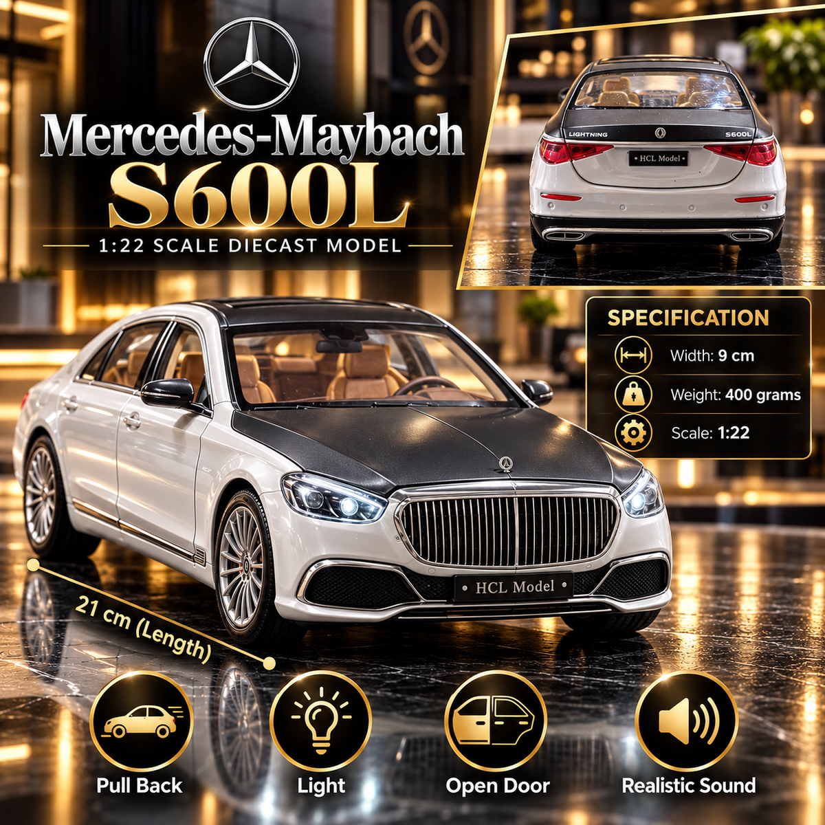Mercedes-Maybach S600L V12 Diecast Car – 1:22 Scale | Luxury Sedan | Lights & Sound