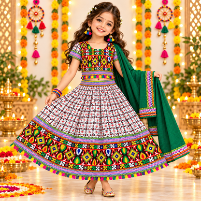 Girls White Multicolor Pure Cotton Garba Lehenga Choli Set with Green Dupatta