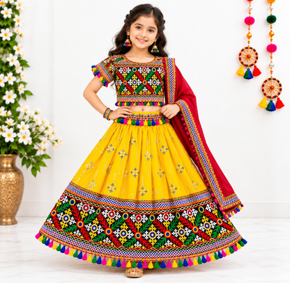 Girls Yellow Traditional Lehenga Choli Set with Red Dupatta – 100% Pure Cotton Festive Wear