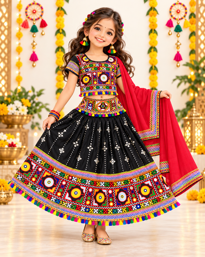 Girls Black Traditional Lehenga Choli Set with Red Dupatta – 100% Pure Cotton Festive Wear