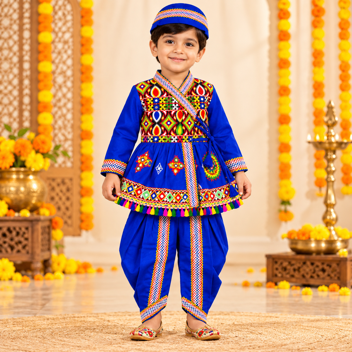 Boys Festive Royal Blue Embroidered Jacket & Dhoti Set with Matching Cap – 100% Cotton