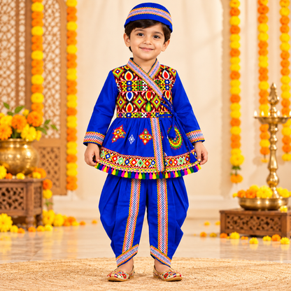 Boys Festive Royal Blue Embroidered Jacket & Dhoti Set with Matching Cap – 100% Cotton