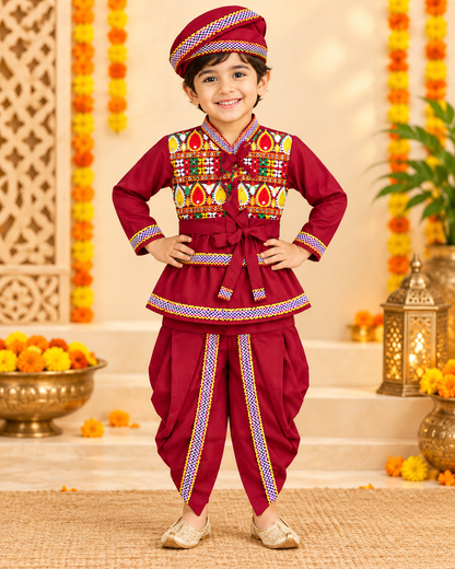 Boys Traditional Maroon Kedia Style Embroidered Dhoti Set with Matching Cap – 100% Cotton