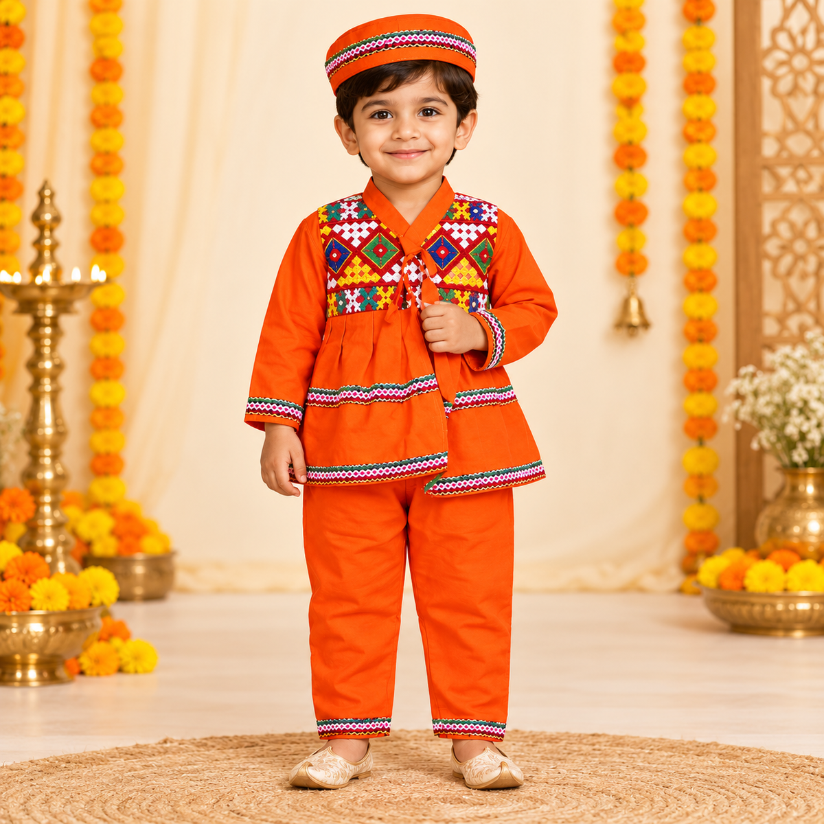 Boys Traditional Orange Kutchi Embroidered Kurta Pant Set with Cap – 100% Cotton