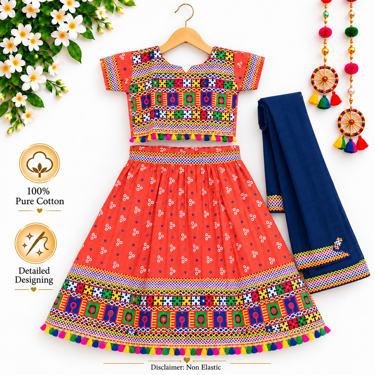 Girls Coral Orange Traditional Lehenga Choli Set with Navy Blue Dupatta – 100% Pure Cotton Festive Wear