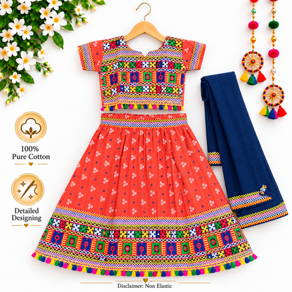Girls Coral Orange Traditional Lehenga Choli Set with Navy Blue Dupatta – 100% Pure Cotton Festive Wear