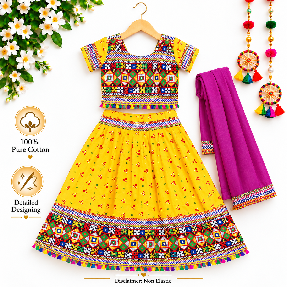 Girls Yellow Pure Cotton Ghagra Choli Set with Rani Pink Dupatta – Traditional Navratri Lehenga