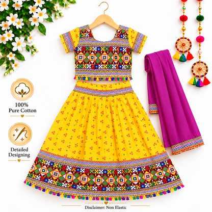 Girls Yellow Pure Cotton Ghagra Choli Set with Rani Pink Dupatta – Traditional Navratri Lehenga