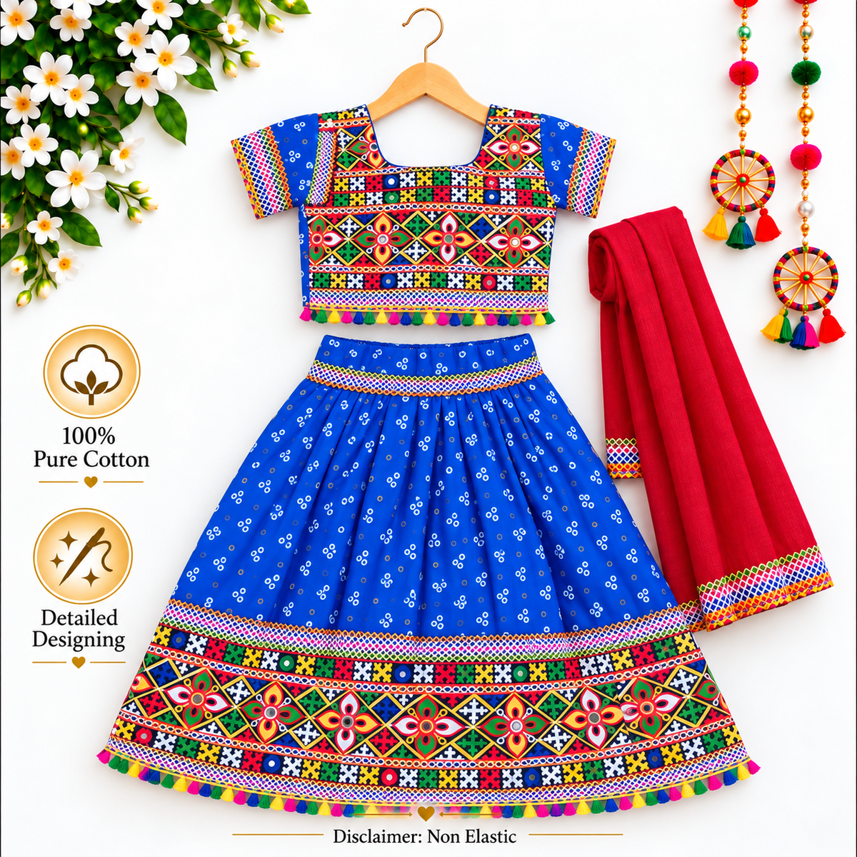 Girls Royal Blue Pure Cotton Ghagra Choli Set with Red Dupatta – Traditional Navratri Lehenga