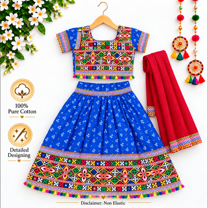 Girls Royal Blue Pure Cotton Ghagra Choli Set with Red Dupatta – Traditional Navratri Lehenga
