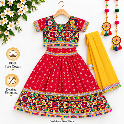 Girls Red Pure Cotton Ghagra Choli Set with Yellow Dupatta – Traditional Navratri Lehenga