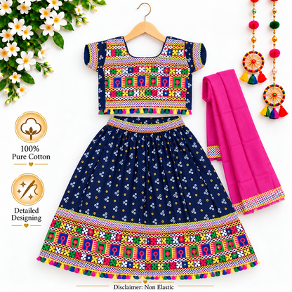 Girls Navy Blue Pure Cotton Ghagra Choli Set with Pink Dupatta – Traditional Navratri Lehenga