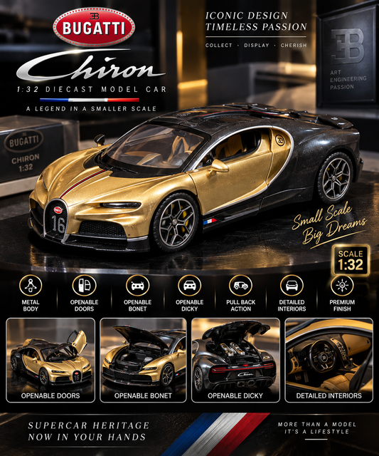 1:32 Bugatti Chiron Diecast Metal Model Car – Openable Doors, Bonnet & Dicky