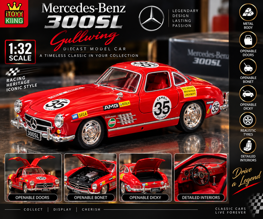 1:32 Mercedes-Benz 300SL Gullwing Diecast Model Car – Metal Body with Openable Doors, Bonnet & Dicky