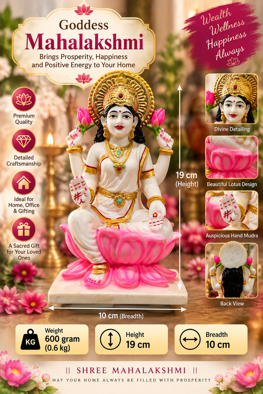 Goddess Mahalakshmi Idol – 19 cm | 600g | Pink Lotus Decorative Statue