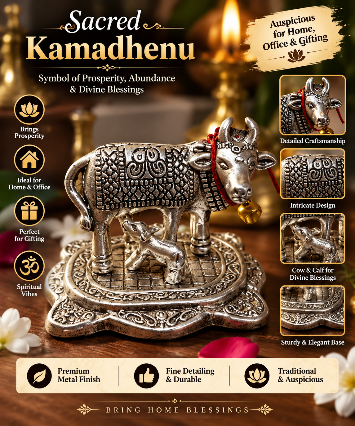 Sacred Kamadhenu Cow & Calf Idol – Premium Silver Finish Decorative Murti