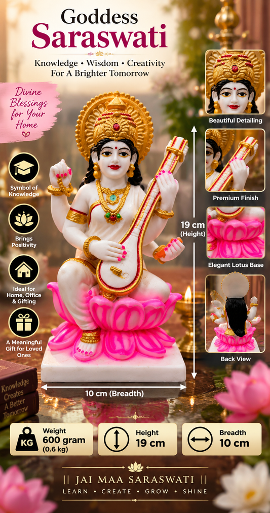 Goddess Saraswati Idol with Veena – Premium Decorative Murti | 600g | 19 cm Height