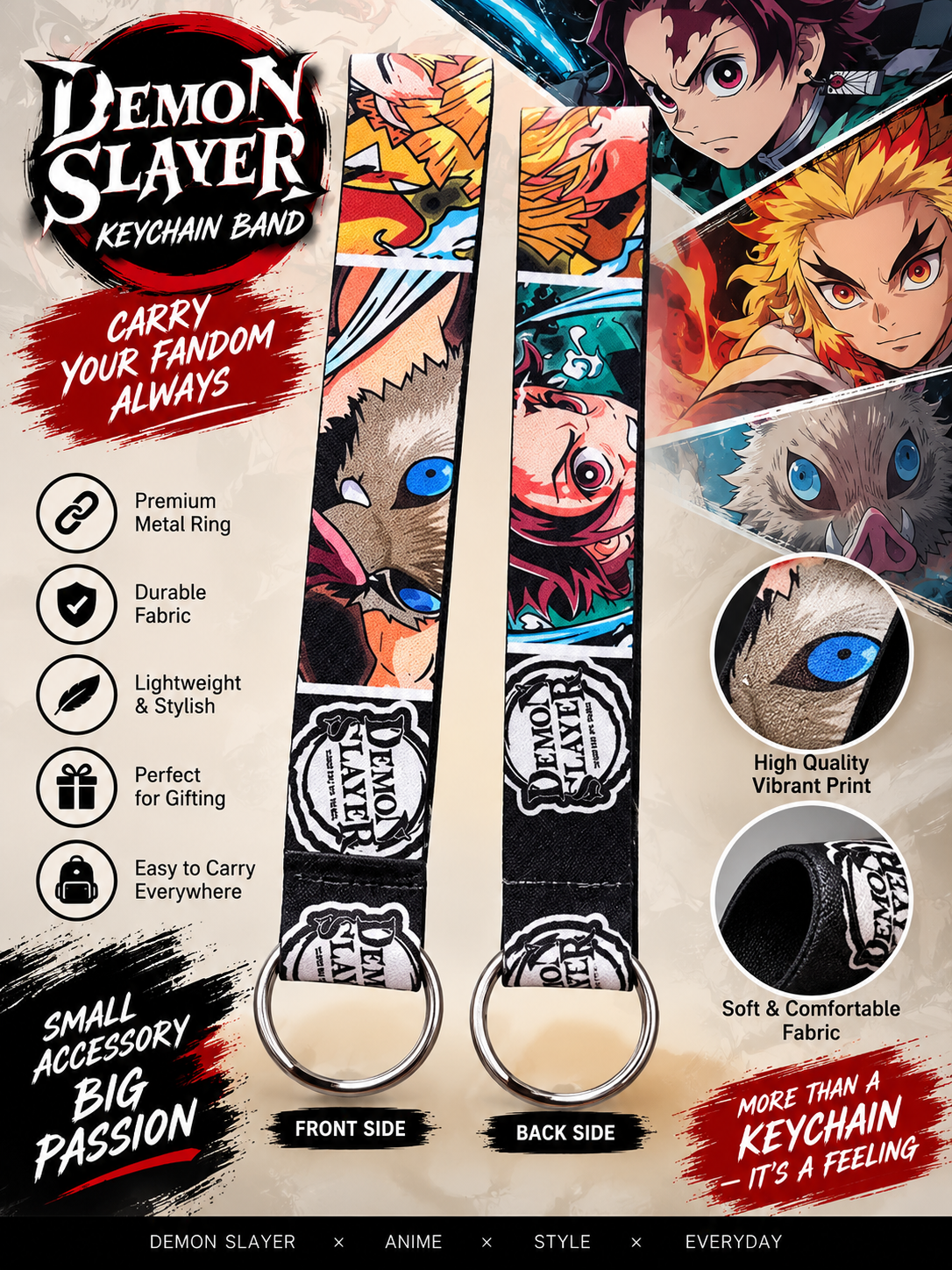 Demon Slayer Anime Keychain Band | Front & Back Printed Wrist Strap